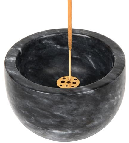 GMYIAK Natural Marble Incense Holder with Brass 9 Hole Incense Stick Holder, Ash Catcher for Meditation, Easily Grab Ash (Black)
