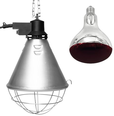NCC-Licht Aufzuchtleuchte Wärmelampe Wärmestrahler Infrarot Rotlicht BR125 150W Rot für Tiere Hühner Ferkel Schutzkorb + Sparschalter 5m Kabel & Stecker