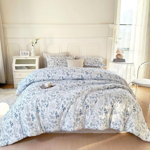 Tabeskly Blue Floral flower Soft Zipper Bed Bedding Duvet Cover Set Single White 135×200cm