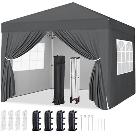 Yaheetech Pop-Up Gazebo 2x2 with 4 Removable Side Panels, Silver-costed Oxford Marquee Canopy with Wheeled Bag & Sandbags, Metal Frame Shelter Tent for Outdoor Garden Party Camping, Dark Grey