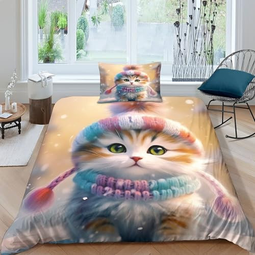 Bettwäsche-Set mit Cartoon-Katze, 3-teilig, 3D-Druck, Bettwäsche mit weichem Mikrofaser-Reißverschluss, King-Size-Bettbezug mit niedlichem Design für Jugendliche und Erwachsene, Einzelbett (135 x 200