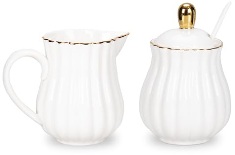 Prefdo Porzellan-Zucker- und Sahnekännchen-Set, britischer Stil, Krug und Zuckerdose, Zucker-Set mit Deckel und Löffel, Kaffeeservice für Zuhause, Kaffee, Tee, Party