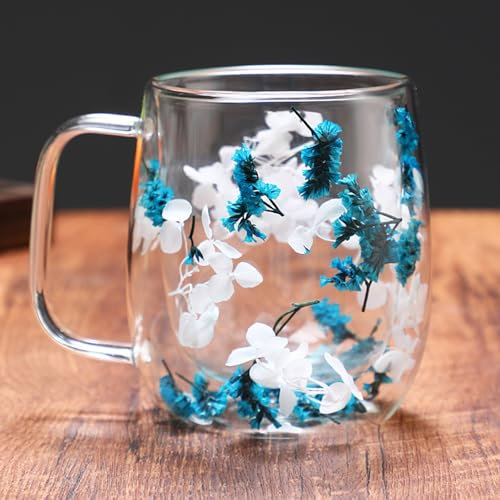 Richaa Getrocknete Blumen Doppelwandige Gläser mit Griff 350ml Latte Macchiato Gläser Cappuccino Tassen Kaffeetassen Mug Originelle Geschenke Coffee Glasses