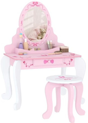 AIYAPLAY Kids Dressing Table with Mirror and Stool for Girls, Chair, Pink | Girls Dressing Table with Drawer and Desktop Storage, Two-Piece Ballet Themed Makeup Desk