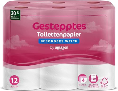 by Amazon Toilettenpapier, 4-lagig Gestepptes, Besonders Weich, 12 Rollen, 1-er Pack, 160 Blätter pro Rolle, FSC-Zertifiziert