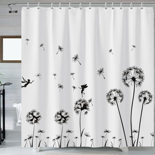 Ttincceer Diente de león Cortina de Ducha Blanco y Negro Flor Elfo Cortinas de Ducha para baño Volando Diente de león país baño Cortina Decorativa Resistente al Agua bañera Cortina 180x180cm