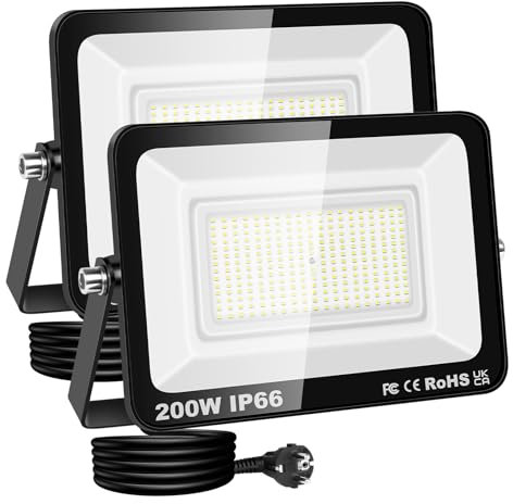 RIGIDON Projecteur Led Extérieur Avec Prise, 2x 200W 20000LM IP66 étanche Éclairage de Sécurité, Spot Led Lampe pour Patio Garage Terrasse Jardin Chantier Muraux Atelier, 6000K Blanc Froid Luminaires