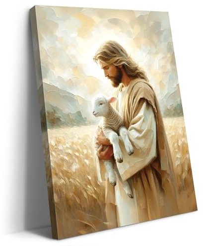Artscope Leinwandbilder Jesus Rettet das Verlorene Lamm Motiv Kunstdruck - Religiöse Wandbild für Kirche Gebetsraum Wohnzimmer Wanddekoration - 30 x 40 cm