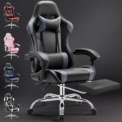 DUMOS Ergonomischer Gaming Stuhl mit Fußstütze Atmungsaktiver PC mit verstellbare Lendenkissen Kopfkissen und Armlehnen 150 kg Belastbarkeit Drehsessel