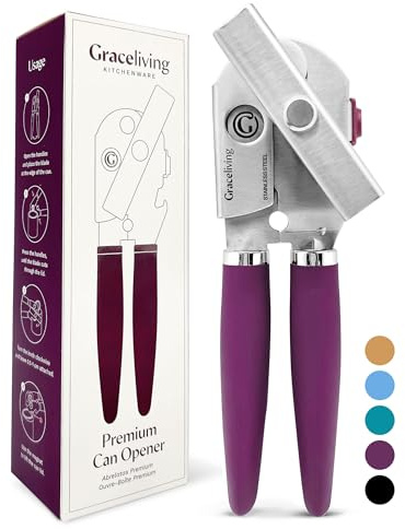 Graceliving Heavy Duty Manual Can Opener with Magnetic Lid Lifter, Mauve | Premium Stainless Steel Body, Sharp Cutting Blade, Oversized Easy-Turn Knob, Soft-Touch Handle, Bottle Opener, Kitchen Use
