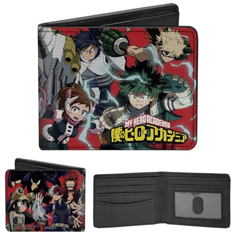 Buckle-Down My Hero Academia Bifold Wallet | My Hero Academia Eight Character Group Pose and Logo Red Billfold Credit Card and ID Slots Vegan Leather