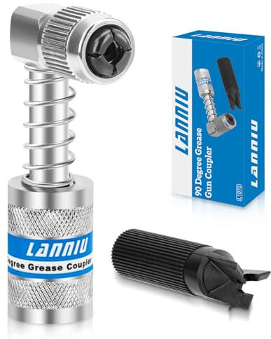LANNIU 90 Degree Grease Gun Coupler, Heavy Duty Locking Grease Gun Adapter | 10,000 PSI High Pressure Right Angel Grease Gun Tips for Tight Spaces, Quick Release Lock, Upgraded 4-Jaw Design