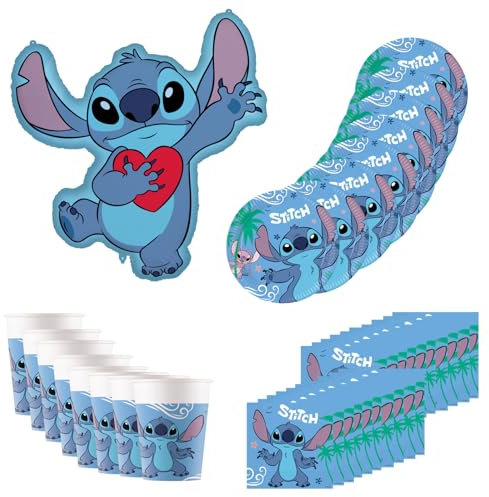 Procos - Vajilla de fiesta Disney Stitch, decoración de cumpleaños de 37 piezas contiene 8 platos de papel, 8 vasos de papel, 20 servilletas y un globo de aluminio, decoración de mesa para cumpleaños
