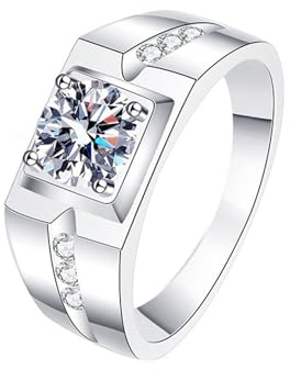 Mesnt Moissanite Ring Herren, 14 Karat Weißgold Ring für Männer Herren Siegelring mit Moissanit, Größe 57 (18.1)