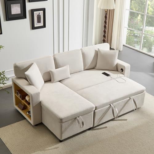 DUlVBPE Corner Sofa Bett Eckcouch Couch L-Form Schlafcouch Ausziehbar, Bettkasten und integriertem Regal, Beige