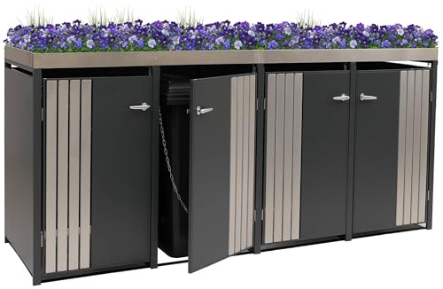 Mendler 4er-Mülltonnenverkleidung HWC-O67 - anthrazit Edelstahl | Mülltonnenbox, mit Pflanzkasten, Metall, 125x260x84cm, 95kg