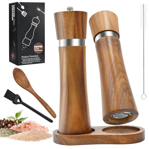 Cyiecw Juego de 2 Molinillos de Sal y Pimienta Manuales, Molinillo de Especias Ajustable con Mecanismo de Cerámica y Bandeja de Madera