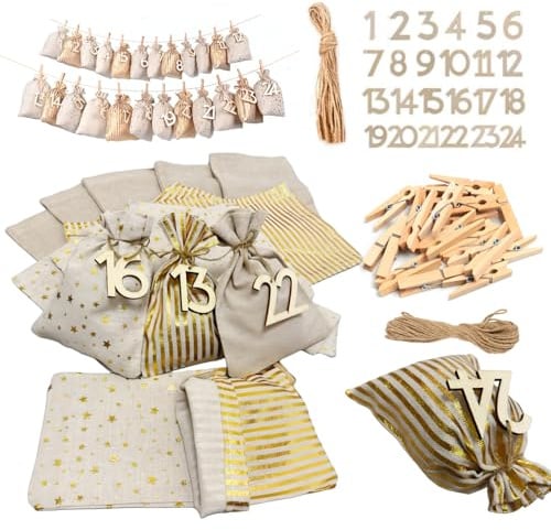 Adventskalender zum Befüllen 2025,Großer Stoff-Weihnachtskalender mit 24 Säckchen,Holzschild von Zahl 1-24,Adventskalender zum Befüllen für Kinder & Erwachsene13×18cm