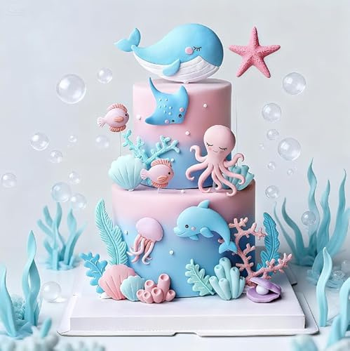 Meerestiere Tortendeko Set, Unterwasserwelt Deko für Kindergeburtstag mit Wal, Delfin, Qualle, Tintenfisch für Torte, Ozean Thema Cake Topper, Unterwasserwelt Tortendeko Meer