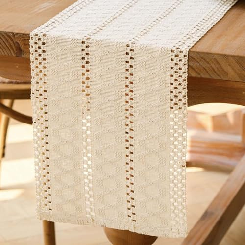Jayusaror Tischläufer Beige Boho Makramee Modern Frühling Bauernhaus Klein Tischdecke Schmal Landhausstil Rustikaler Tisch Läufer Baumwolle Leinen Table Runner für Hochzeit Tabletop Deko 30x160 cm