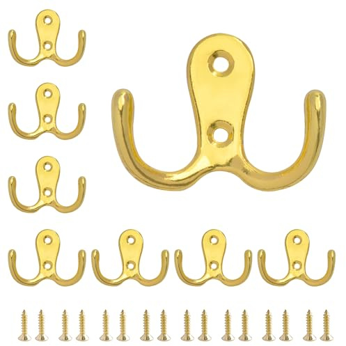 SZWLJ Dual Coat Hooks Golden 8PCS Metal Double Prong Wall Mount Screws