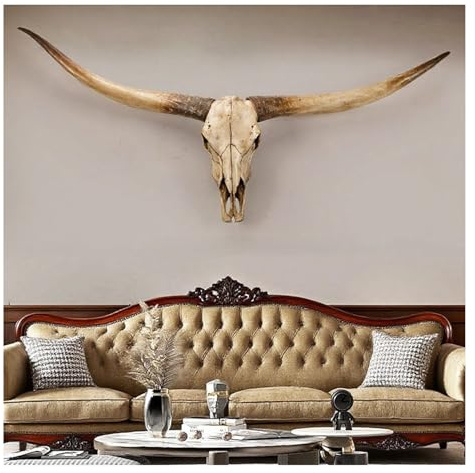 AOPEZIA 178cm Longhorn Wand-Skulpturen, Faux Longhorn Schädel Wanddekoration, Stierschädel Wanddekoration, Longhorn & Ochsenschädel Hörner für rustikalen Bauernhaus-Stil, Heim & Büro