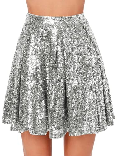 Pailletten Rock Damen Minirock Glitzer Pailletten Karneval Rock Goldener Rocke Petticoat Minirock kurz Mini Faltenrock Stilvoll Glitzer Tanz Rocks Hohe Taille Metallischer Glocken Rocke