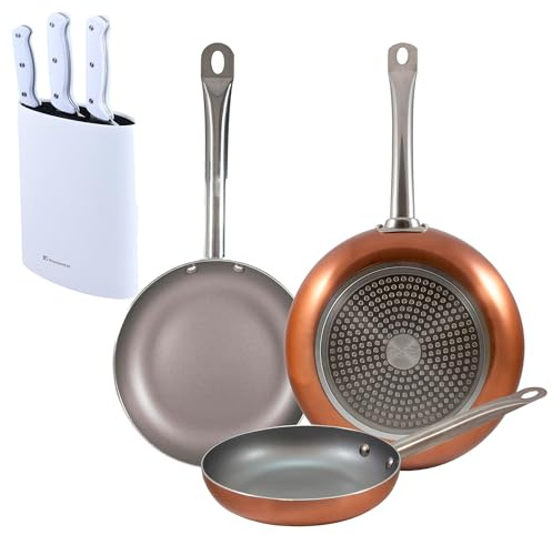 San Ignacio 3-teiliges Pfannenset (18,22,26 cm) aus gepresstem Aluminium, geeignet für Induktion + Set mit 3 Messern mit Tacoma aus Edelstahl