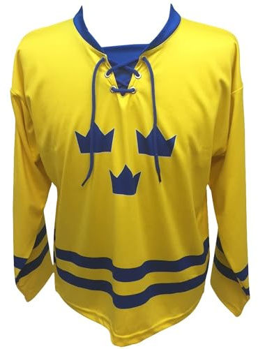 Schweden Hockey Trikot Three Crowns – Schwedisches Eishockey Fan Trikot mit Schnürkragen – Gelb Blau Polyester Hockey Shirt – Unisex Schweden Fanbekleidung
