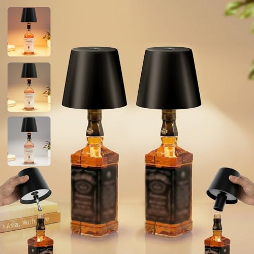 UPXNBOR Flaschenlampe Metall 2er Set, Tischlampe Kabellos Outdoor & Indoor | Flaschenlicht, Akku Tischleuchte, 3 Farbmodi & Stufenlos Touchdimmbar, IP54 Wasserdicht, Vollmetallgehäuse, 5300-mAh, Schwarz
