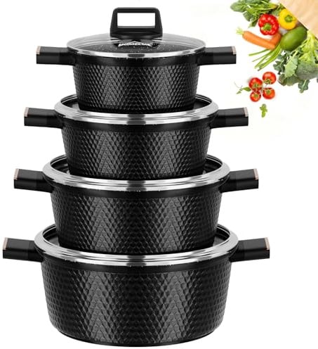 HOMELUX Topfset Induktion 8-teilig, Kochtopf Set mit Glasdeckel | 20/24/28/32cm Aluminiumguss, Antihaftbeschichtet, für Alle Herdarten, PFOA/PFOS-frei, Facettenoptik & Schwarz