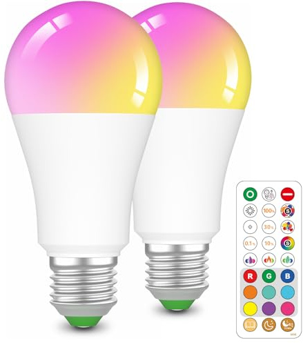 ChangM 2 Stück LED Glühbirne mit Fernbedienung, E27 Glühbirne Bernstein für Schlaftherapie, Blaulicht-Blockierung, RGB 9 Farben+Bernstein Glühbirne für Schlafzimmer, Kinderzimmer, Wohnzimmer 2000K