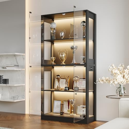 DEZAGCE Black Modern Display Cabinet with Glass Doors & 4-Tier Storage | Motion-sensor LED lights activate as you approach, creating an effortless illuminated showcase for collectables and décor.