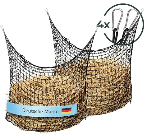Flori’s® 2er Pack Heunetz für Pferde – Heusack für Pferde groß 90 × 120 cm – Engmaschig 4,5 cm – Pferdeheunetz mit Karabiner – ca. 9 kg Heu – Slow Feeder