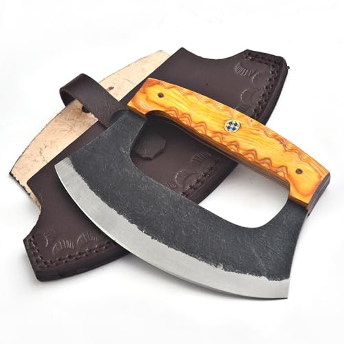 TATLA Handgefertigtes Ulu Mezzaluna Küchenmesser mit Pakkawood-Griff, Kohlenstoffstahl Klinge, Lederscheide, Halbmond-Hacker für Gemüse, Kräuter, Fleisch und Pizza