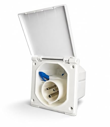 Purely Outdoors 240V Mains Flush Fit Caravan Socket – 16 Amp External Hook Up Inlet for Campervan & Motorhome Socket Plug, IP44 Splashproof Mains Power Socket Box with Hinged Cover (White)
