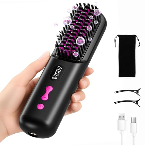 Brosse Lissante Sans Fil 9600mAh, Portable et Pratique Pour Les Voyages Brosse Chauffante Cheveux Court, Rechargeable par USB, Ions Négatifs, pour Femmes et Hommes