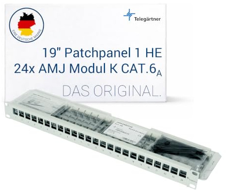 TELEGÄRTNER 19 Zoll Patchpanel 1HE 24-Port | Inklusive 24x AMJ-Modul K Cat.6A, T568A, integrierte Kabelabfangung, robustes Stahlblech-Gehäuse, PoE+ geeignet