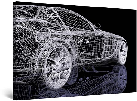 Startonight Impression Sur Toile Automobile 3D, Tableau Blanc et Noir - Decoration Murale Salon Moderne - Image sur Toile - 60 x 90 cm Idée Cadeau Élégante et Originale Effet Lumineux Nocturne