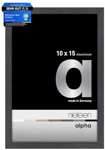 nielsen Bilderrahmen, 10 x 15 cm, Aluminium, Grau glanz, Fotorahmen zum Auftstellen und Aufhängen im Hoch- & Querformat, Echtglas, Alpha