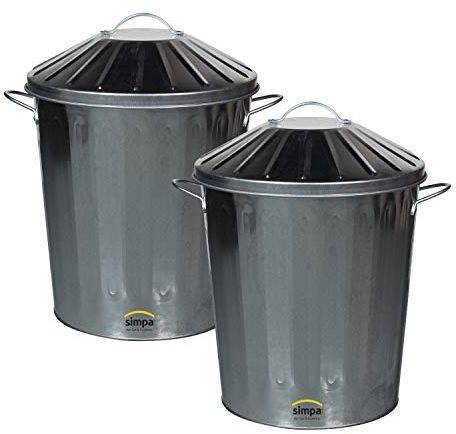 simpa 2 x 40L 40 Litre Galvanised Metal Dustbin Tapered Design Kitchen House Garden Storage Unit Bin.