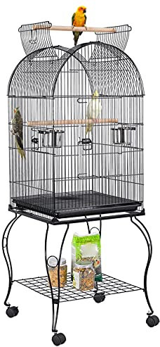 Yaheetech Cage Oiseau avec Toit Ouvert Voliere Oiseaux Interieur roulante sur roulettes avec Support Détachable pour Perruche Canaries Mandarin 59 x 59 x 150 cm Noir