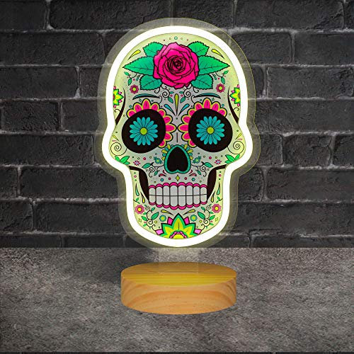 SKYLANTERN Los Muertos Neonlampe, Durchmesser auf Holzfuß, 36 cm, beleuchtet, mit Halterung aus Acryl, LED mit Schalter für Dekoration, Thema Mexiko