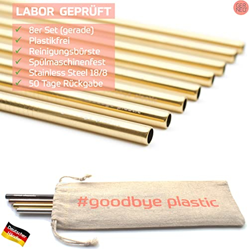 GERNEO® - Labor geprüft - Strohhalm wiederverwendbar 304er Edelstahl - 8er Set + Reinigungsbürste + ToGo Bag - Rückgaberecht, kindergeeignet, rostfrei, umweltfreundlich & plastikfrei (Gold-Gerade-8mm)