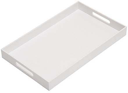 KEVLANG Glossy White Sturdy Acrylic Serving Tray with Handles-12x20 inch-Serving Coffee Appetizer Breakfast-Kitchen Countertop Makeup Drawer Organizer-Vanity Table Ottoman Decorative Tray