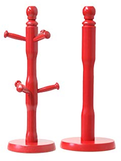 GBS Heavy Duty Large Wooden Kitchen Mug Tree 6 Cup Stand Holder & Kitchen Towel Paper Tissue Roll Holder Rack (Mug Tree + Towel Holder, Red)