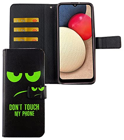König Design Handyhülle Kompatibel mit Samsung Galaxy A02s | Don't Touch My Phone | Schutz-Hülle | Klapphülle | mit Kartenfach