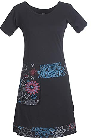 Vishes - Alternative Bekleidung - Damen Kurzarm Kleid Tunika Hippie Blumen Muster Sidebag Tasche