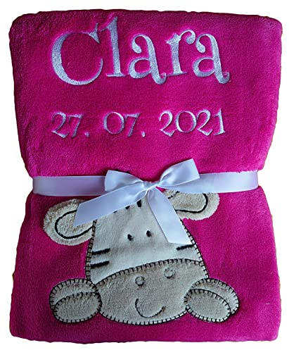 Wuff-Dogsworld Babydecke viele Farben & Motive mit Namen/Geburtsdatum Bestickt Geschenk Baby (pink Zebra)