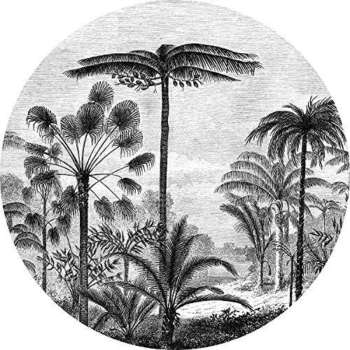 papier peint panoramique rond adhésif paysage tropical avec des palmiers noir et blanc Ø 140 cm - ESTAhome